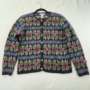 Vintage Talbots Floral Knit Cardigan Sweater Size Medium Embroidered Grandma